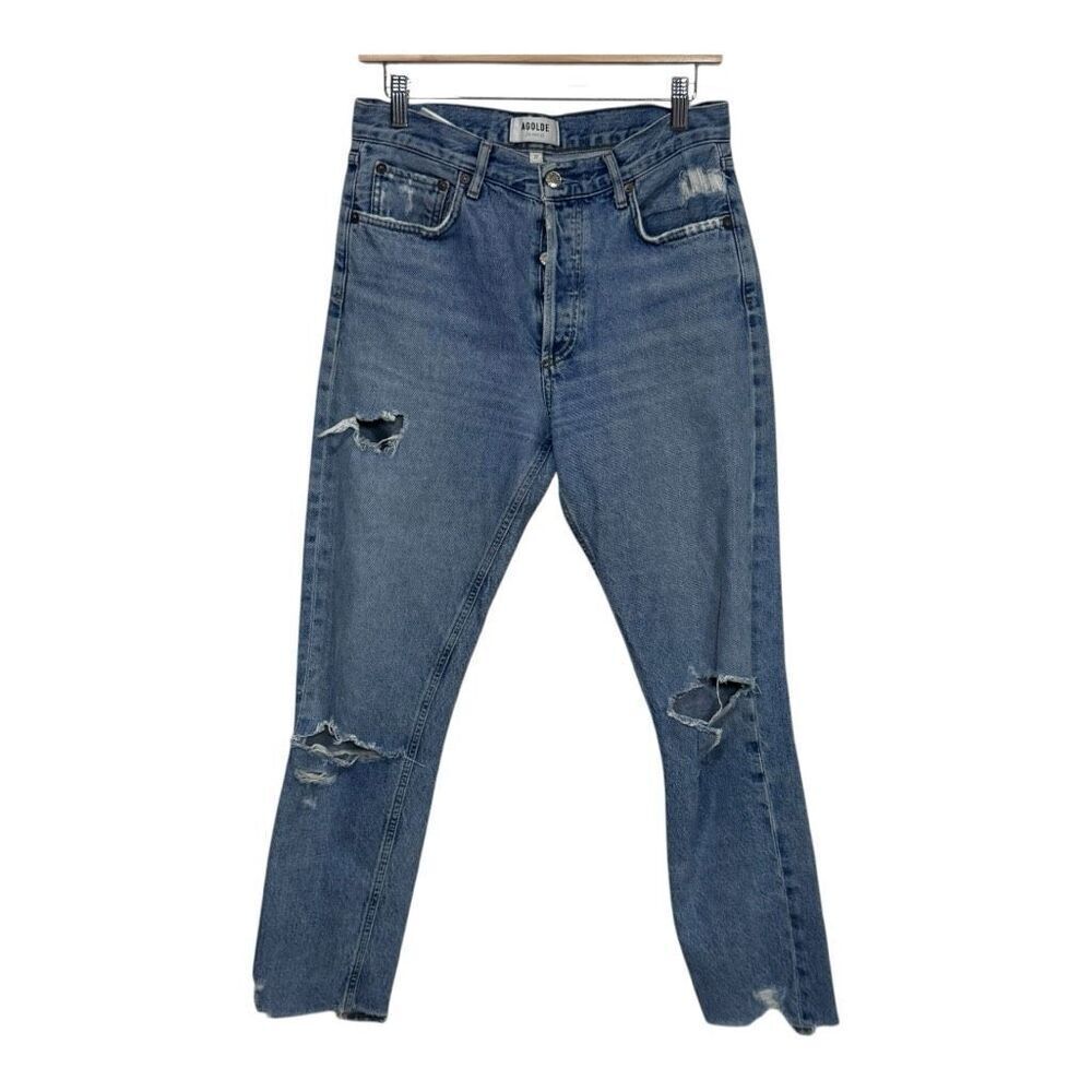 Agolde Jeans Womens 27 Jamie High Rise Button Fly Medium Wash Knee Rip Feel Good